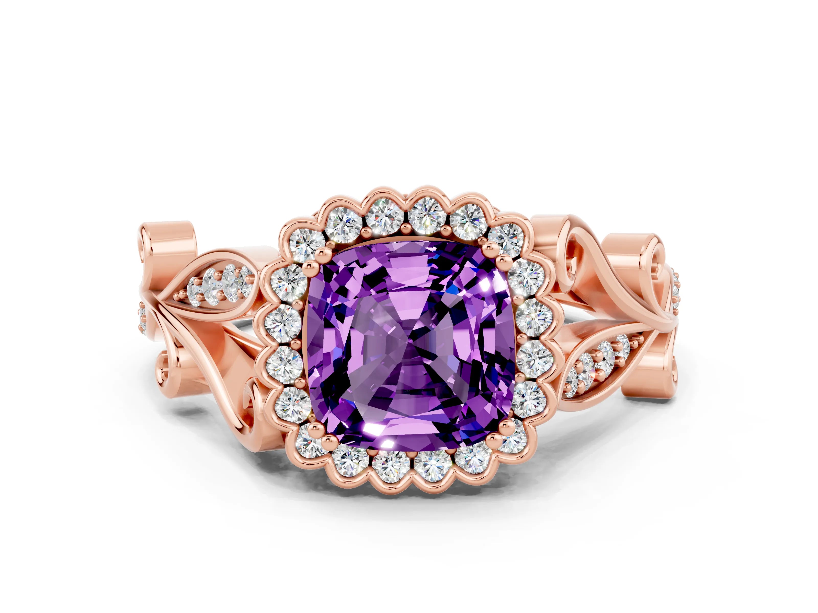 Rose gold Cushion Cut Amethyst Halo Ring with Vintage Split Shank and Four-Prong Setting