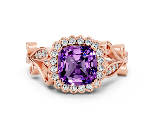 Rose gold Cushion Cut Amethyst Halo Ring with Vintage Split Shank and Four-Prong Setting