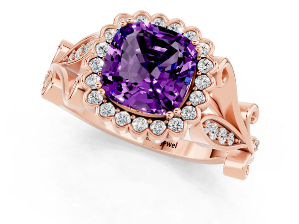 Rose gold Cushion Cut Amethyst Halo Ring with Vintage Split Shank and Four-Prong Setting