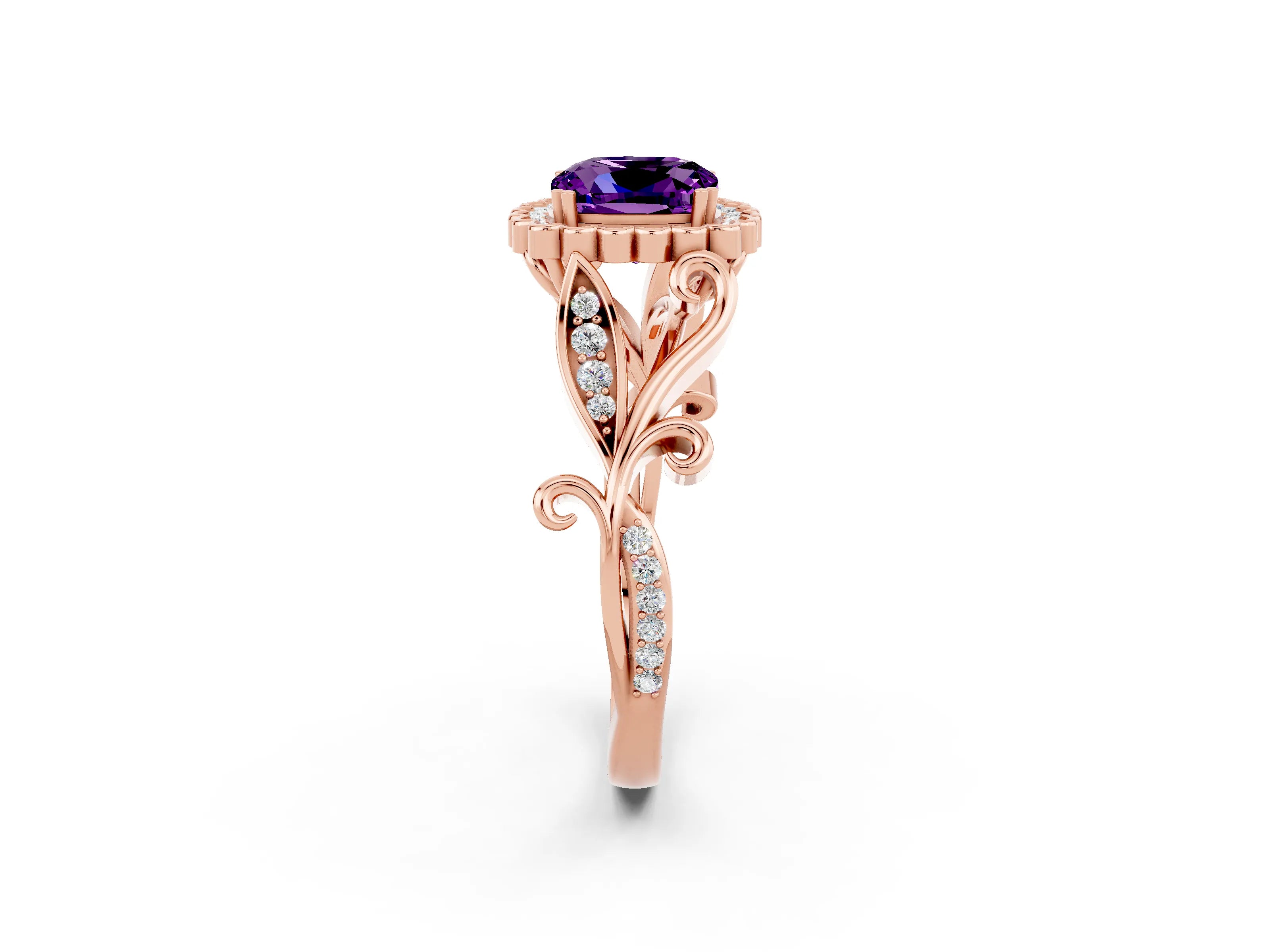 Rose gold Cushion Cut Amethyst Halo Ring with Vintage Split Shank and Four-Prong Setting_2
