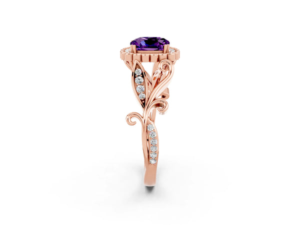 Rose gold Cushion Cut Amethyst Halo Ring with Vintage Split Shank and Four-Prong Setting