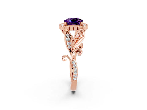 Rose gold Cushion Cut Amethyst Halo Ring with Vintage Split Shank and Four-Prong Setting_2