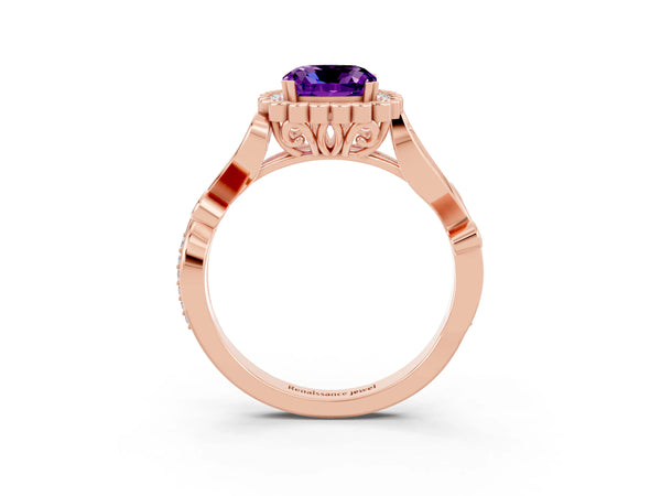 Rose gold Cushion Cut Amethyst Halo Ring with Vintage Split Shank and Four-Prong Setting