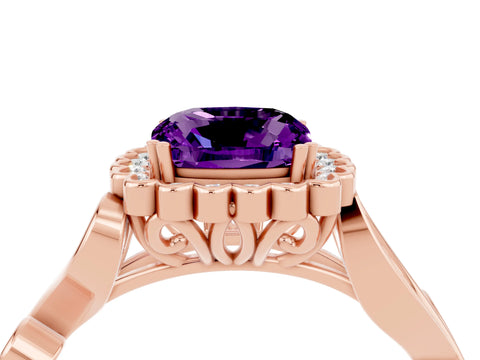 Rose gold Cushion Cut Amethyst Halo Ring with Vintage Split Shank and Four-Prong Setting_4