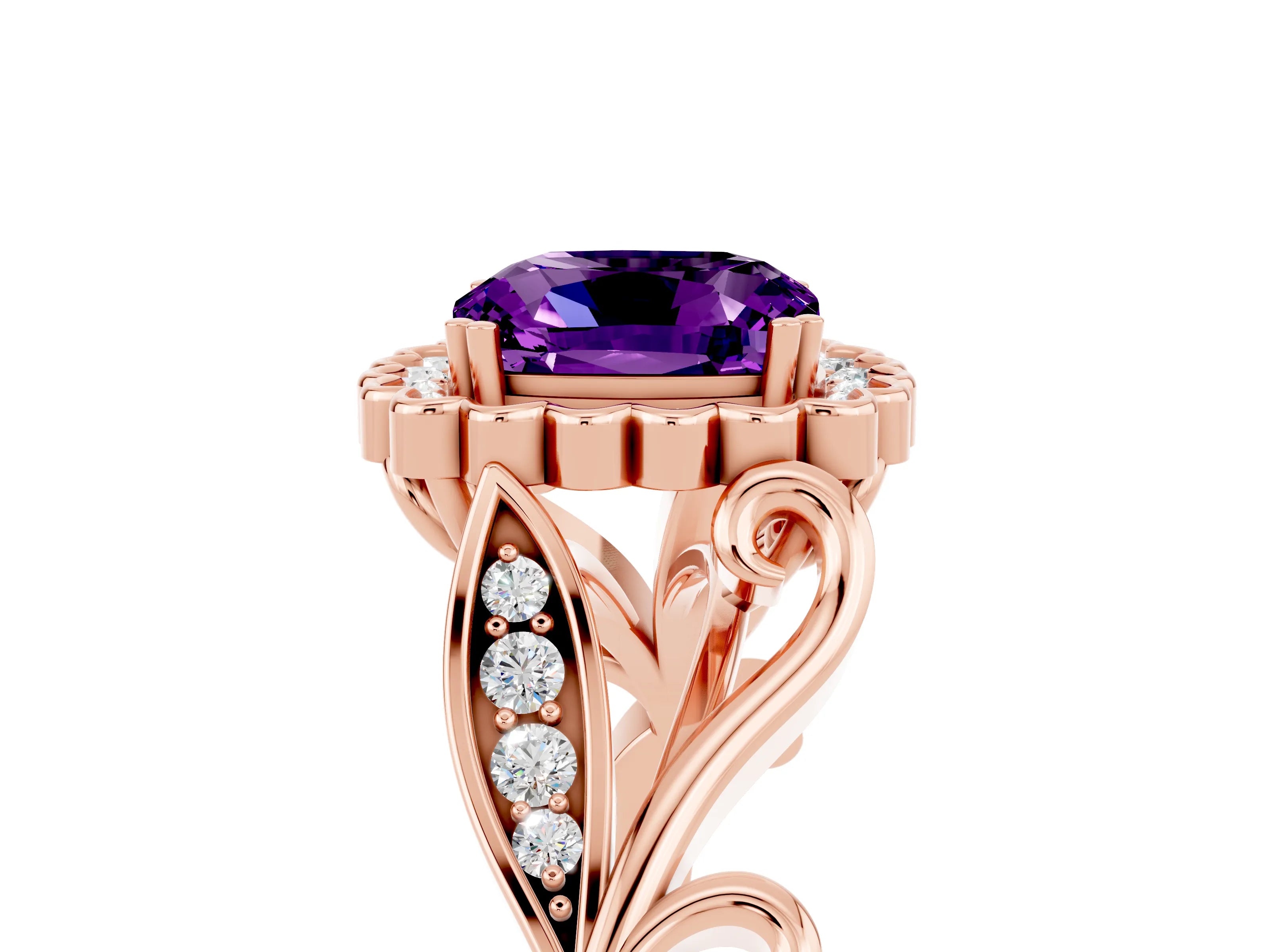 Rose gold Cushion Cut Amethyst Halo Ring with Vintage Split Shank and Four-Prong Setting_5