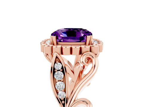Rose gold Cushion Cut Amethyst Halo Ring with Vintage Split Shank and Four-Prong Setting_5
