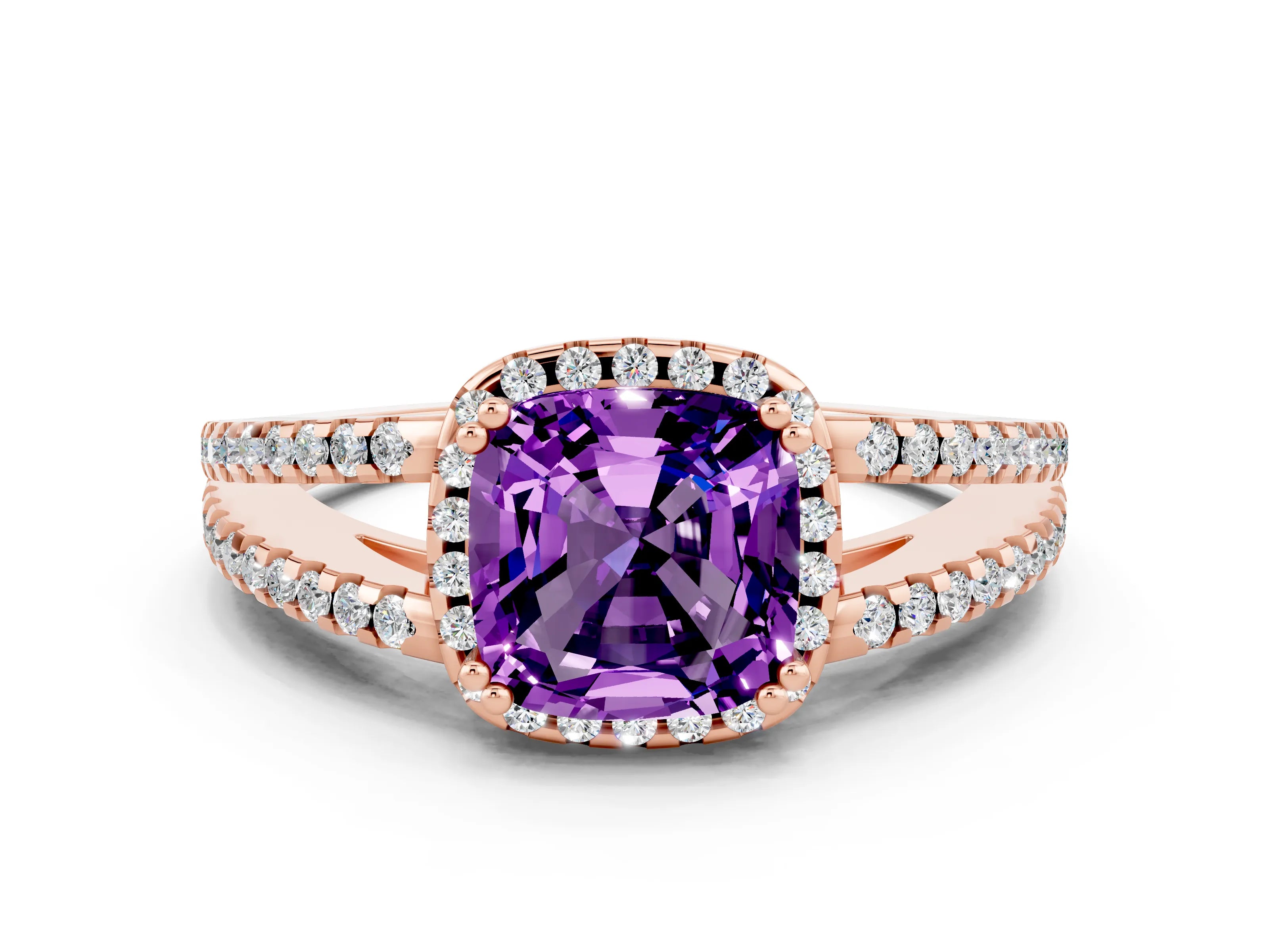 Rose gold Cushion Cut Amethyst Halo Split Shank Engagement Ring_12