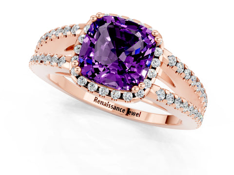Rose gold Cushion Cut Amethyst Halo Split Shank Engagement Ring_13