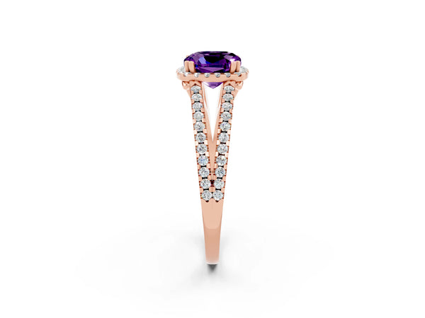 Rose gold Cushion Cut Amethyst Halo Split Shank Engagement Ring