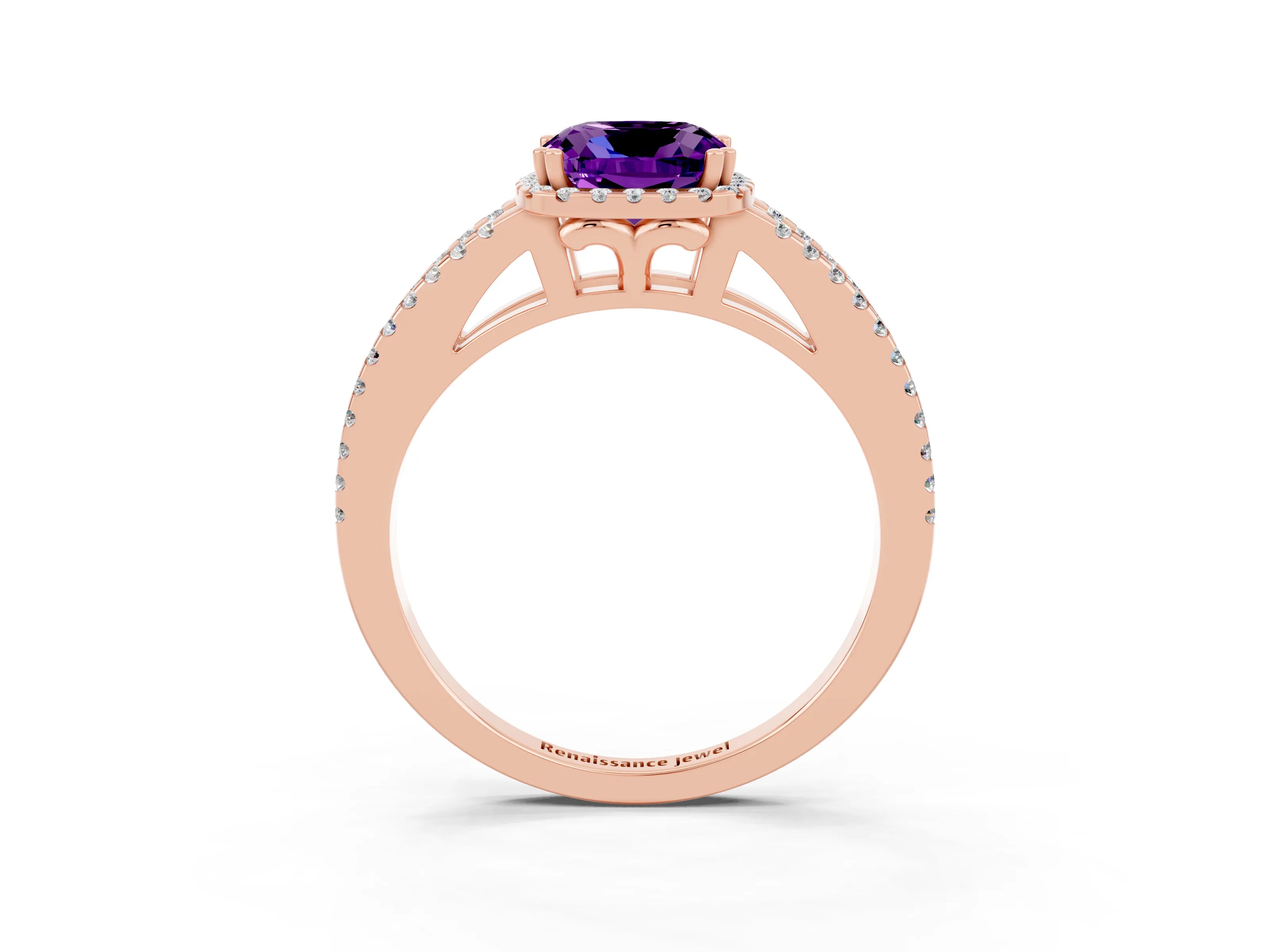Rose gold Cushion Cut Amethyst Halo Split Shank Engagement Ring_15