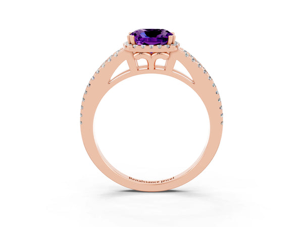 Rose gold Cushion Cut Amethyst Halo Split Shank Engagement Ring