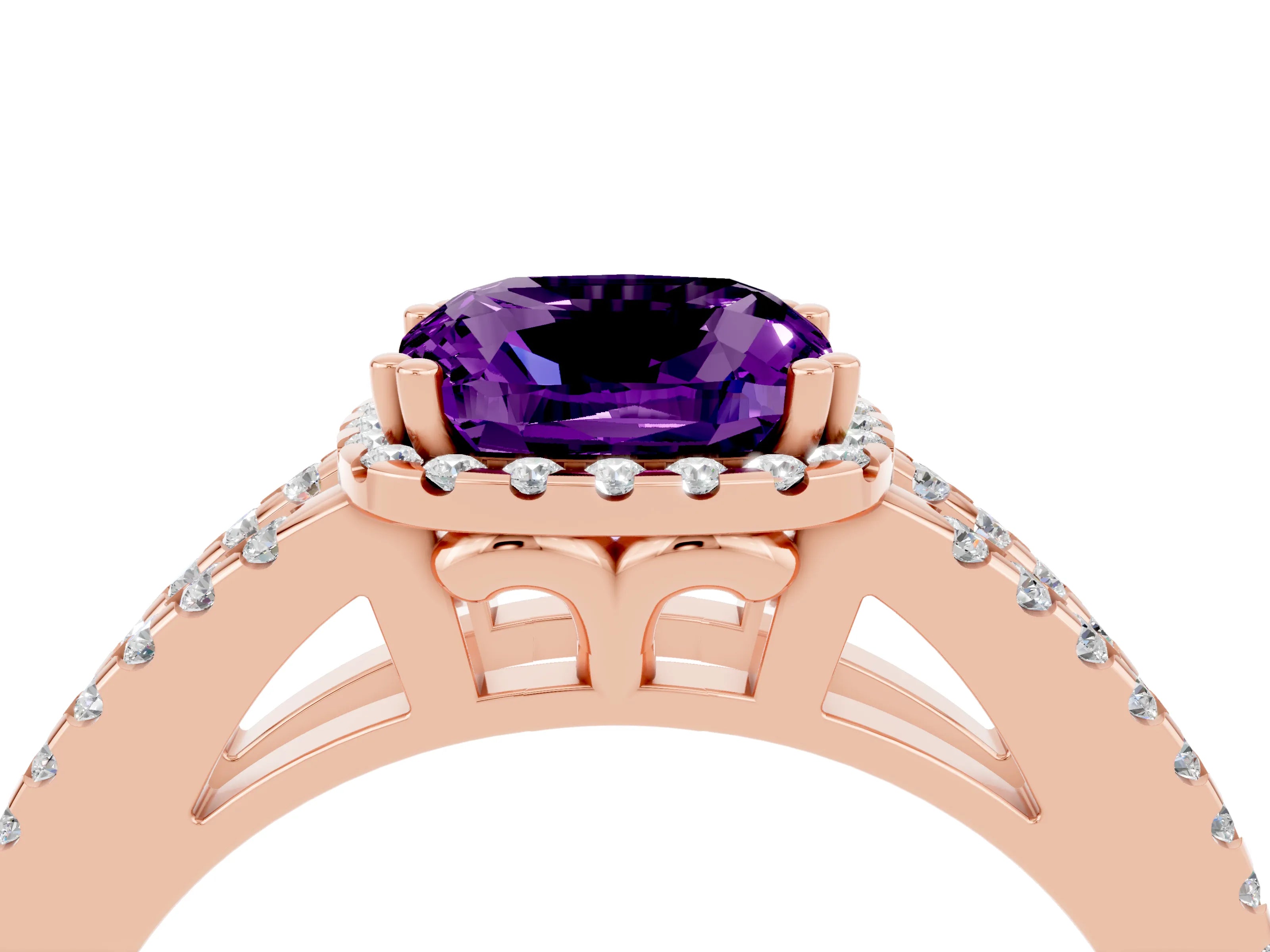 Rose gold Cushion Cut Amethyst Halo Split Shank Engagement Ring_16