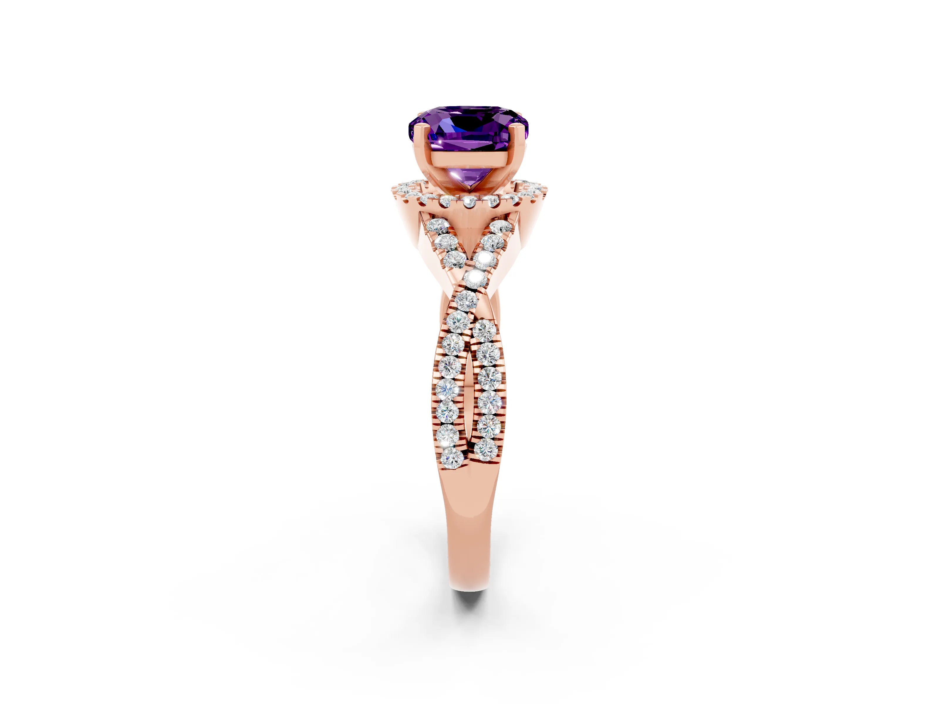 Rose gold Cushion Cut Amethyst Halo Twist Band Solitaire Prong Setting Ring_2