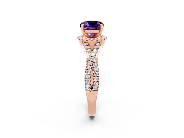 Rose gold Cushion Cut Amethyst  Halo Twist Band Solitaire Prong Setting Ring
