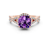 Rose gold Cushion Cut Amethyst  Halo Twist Band Solitaire Prong Setting Ring_24