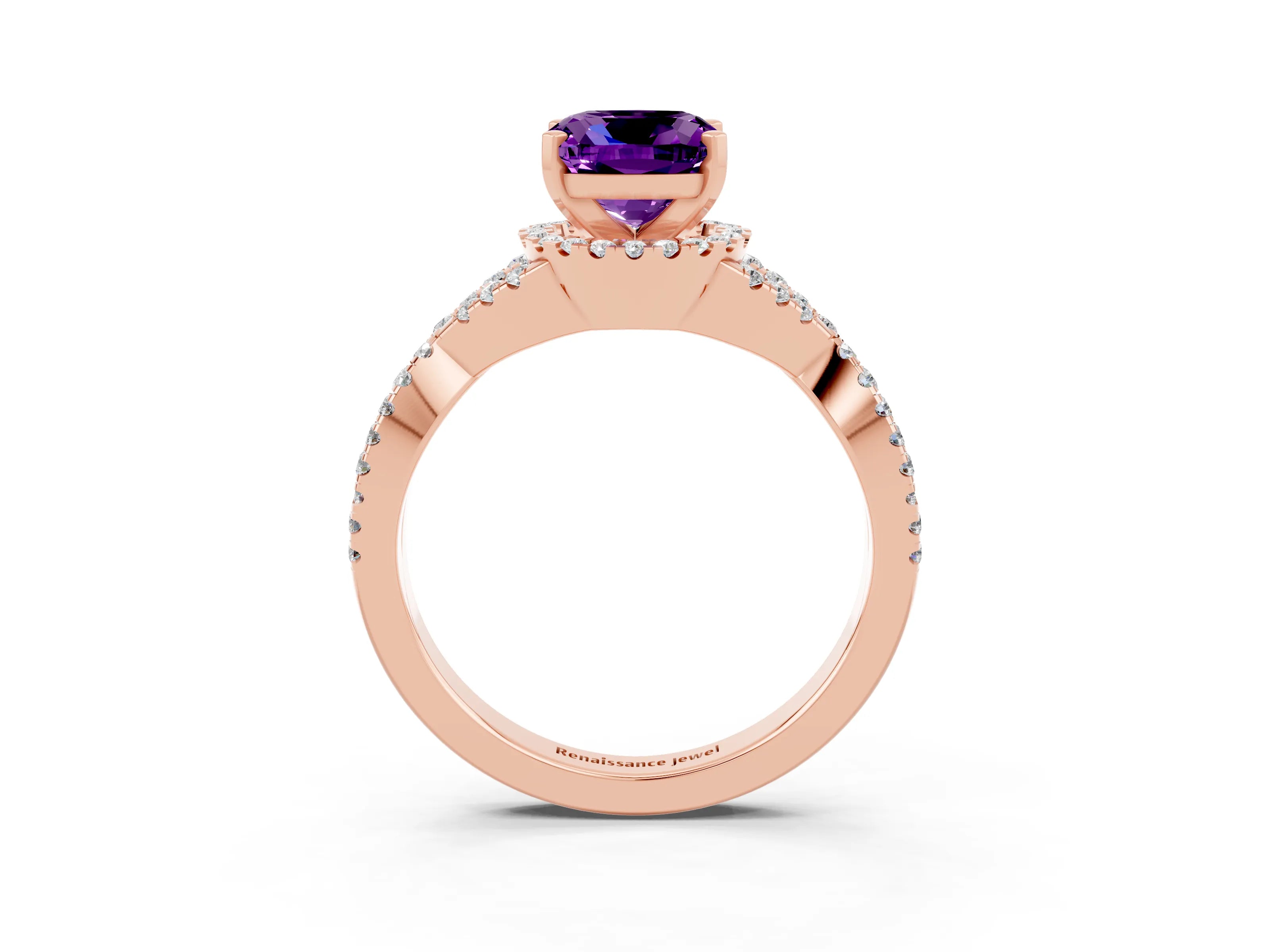 Rose gold Cushion Cut Amethyst Halo Twist Band Solitaire Prong Setting Ring_3
