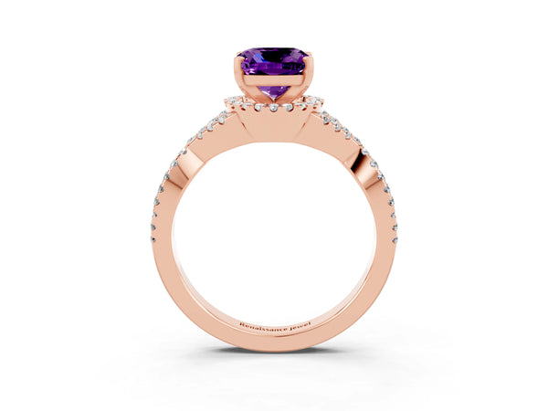 Rose gold Cushion Cut Amethyst  Halo Twist Band Solitaire Prong Setting Ring