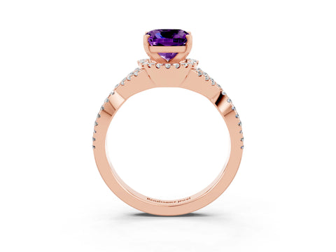 Rose gold Cushion Cut Amethyst Halo Twist Band Solitaire Prong Setting Ring_3