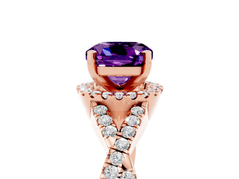 Rose gold Cushion Cut Amethyst Halo Twist Band Solitaire Prong Setting Ring_5