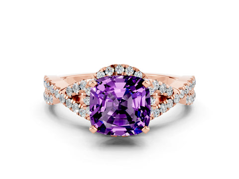 Rose gold Cushion Cut Amethyst Halo Twist Band Solitaire Prong Setting Ring