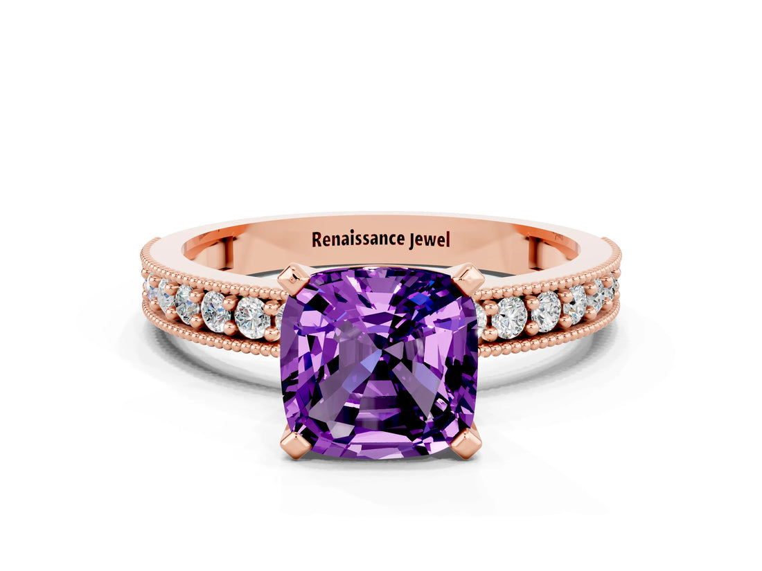 Rose gold Cushion Cut Amethyst Milgrain Pavé Engagement Ring with Four-Prong Setting_12
