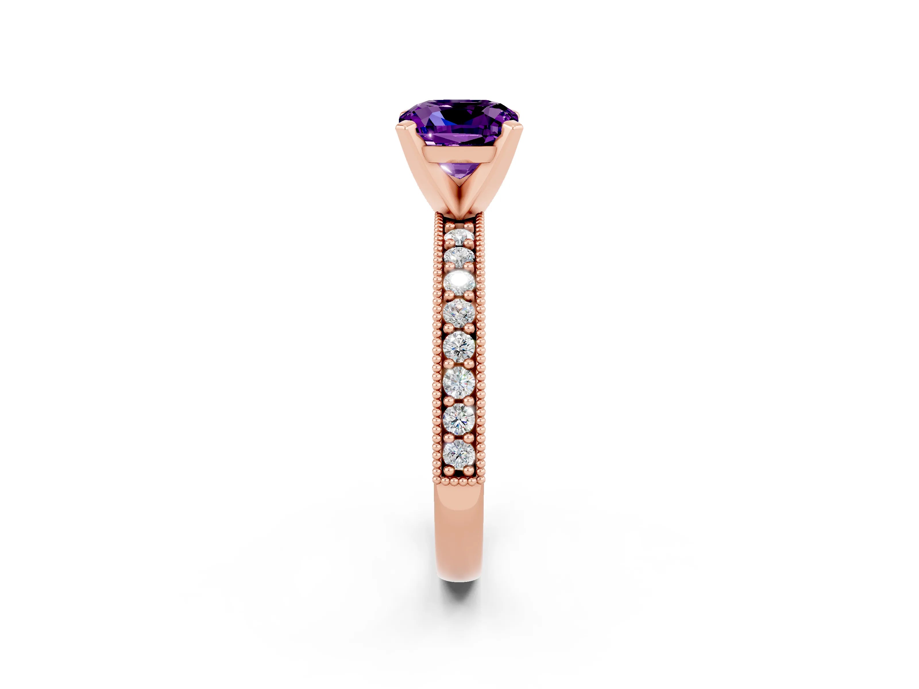 Rose gold Cushion Cut Amethyst Milgrain Pavé Engagement Ring with Four-Prong Setting_14