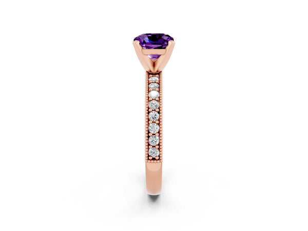 Rose gold Cushion Cut Amethyst Milgrain Pavé Engagement Ring with Four-Prong Setting