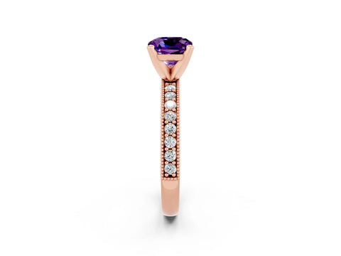Rose gold Cushion Cut Amethyst Milgrain Pavé Engagement Ring with Four-Prong Setting_14