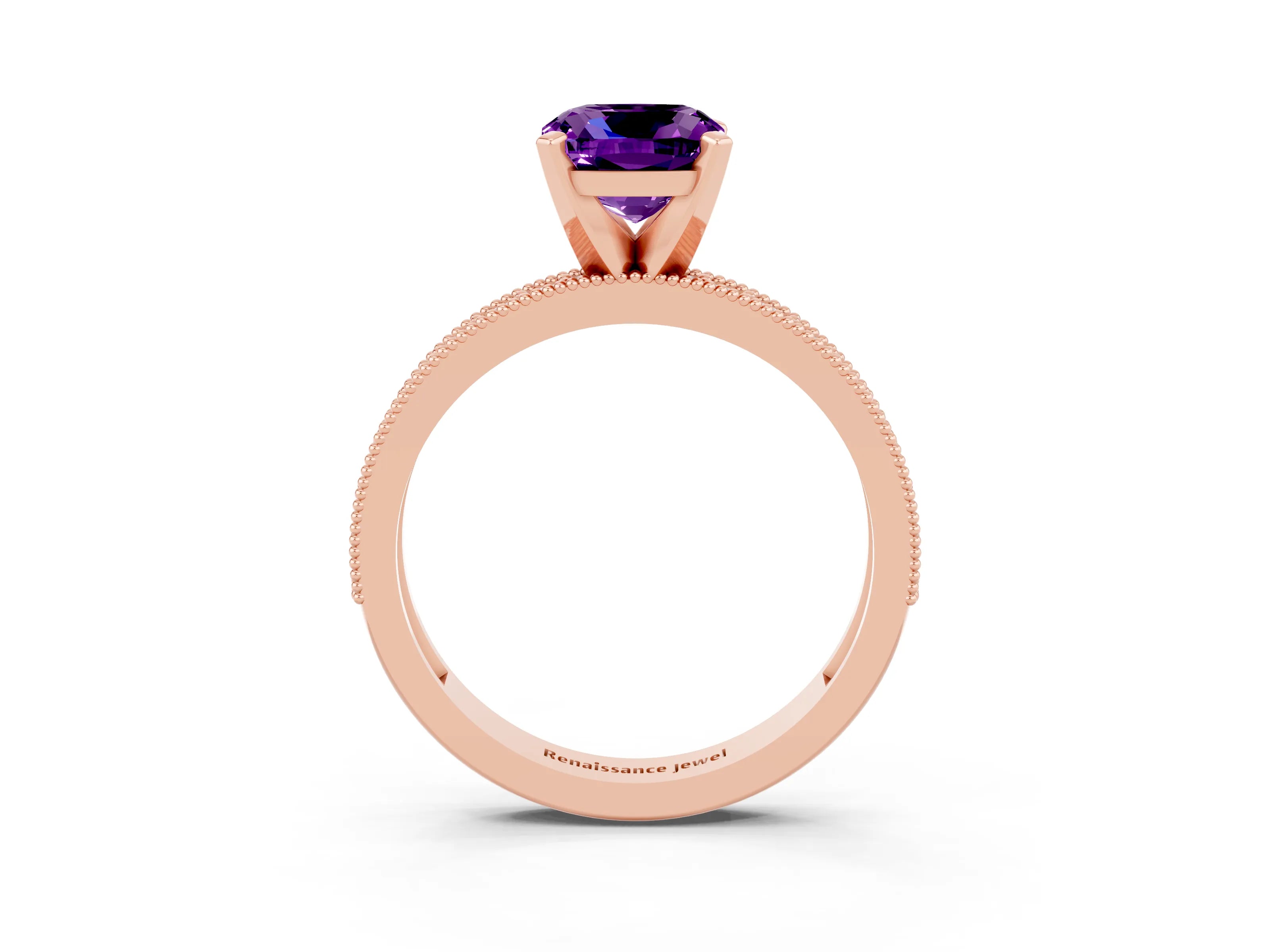 Rose gold Cushion Cut Amethyst Milgrain Pavé Engagement Ring with Four-Prong Setting_15
