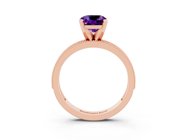 Rose gold Cushion Cut Amethyst Milgrain Pavé Engagement Ring with Four-Prong Setting