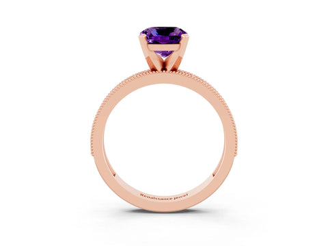 Rose gold Cushion Cut Amethyst Milgrain Pavé Engagement Ring with Four-Prong Setting_15