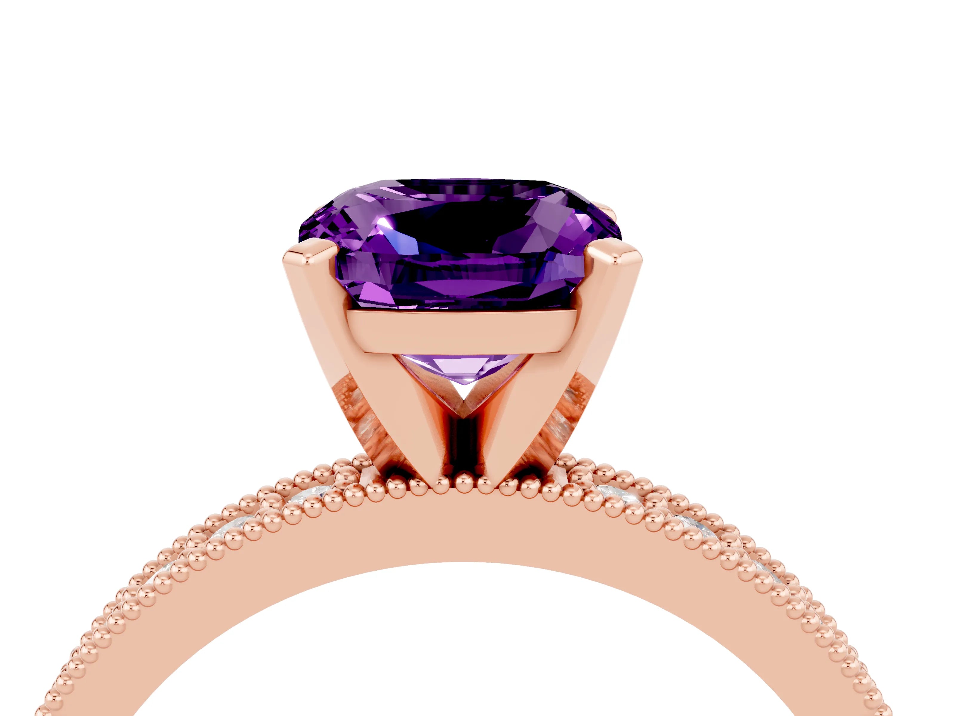 Rose gold Cushion Cut Amethyst Milgrain Pavé Engagement Ring with Four-Prong Setting_16