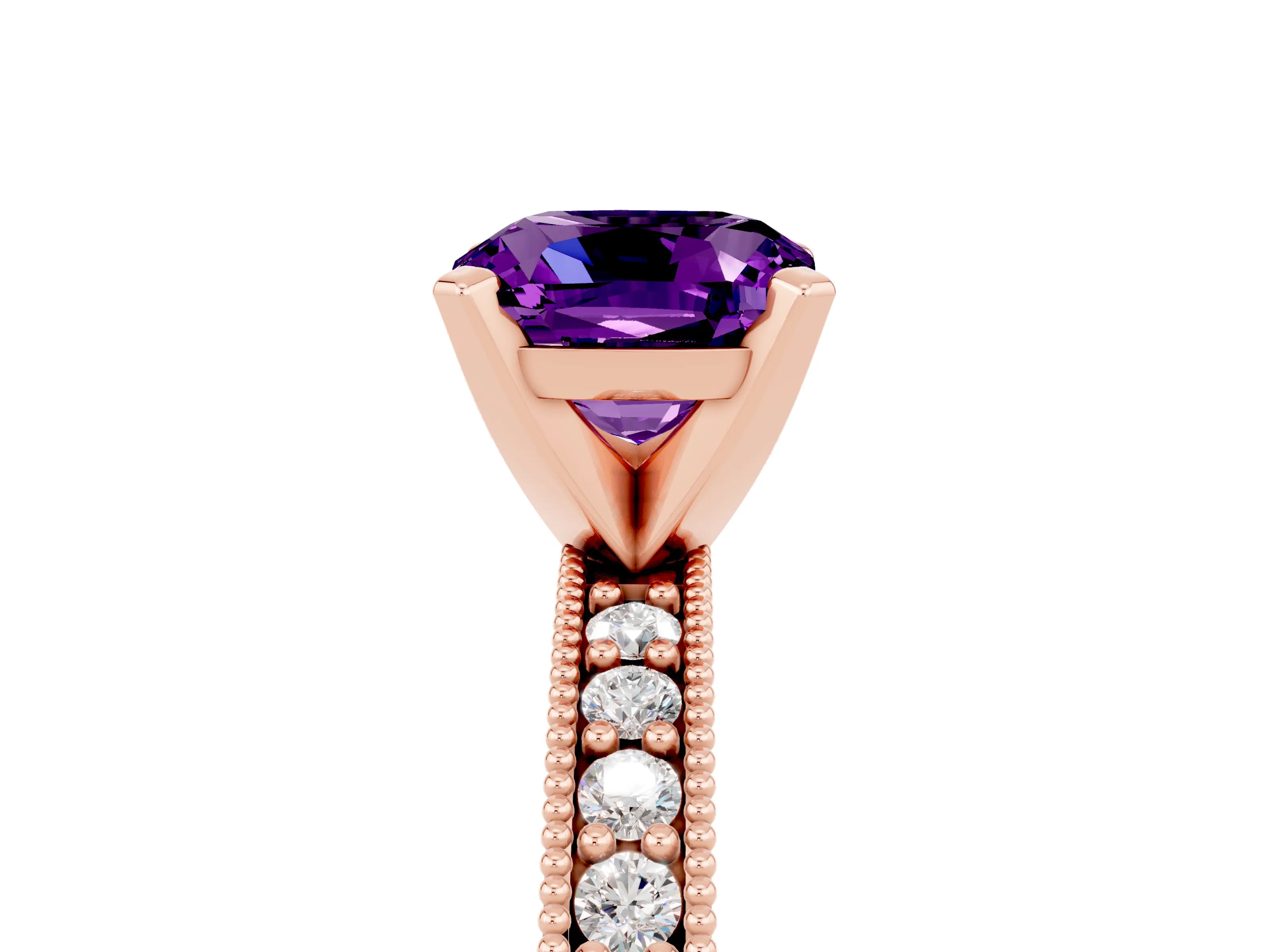 Rose gold Cushion Cut Amethyst Milgrain Pavé Engagement Ring with Four-Prong Setting_17