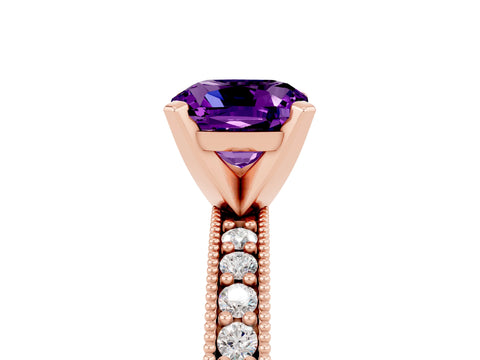 Rose gold Cushion Cut Amethyst Milgrain Pavé Engagement Ring with Four-Prong Setting_17