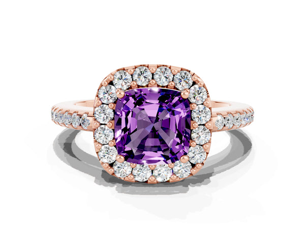Rose gold Cushion Cut Amethyst Pavé Halo Ring with Four-Prong Setting