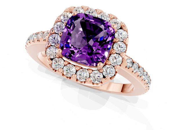 Rose gold Cushion Cut Amethyst Pavé Halo Ring with Four-Prong Setting