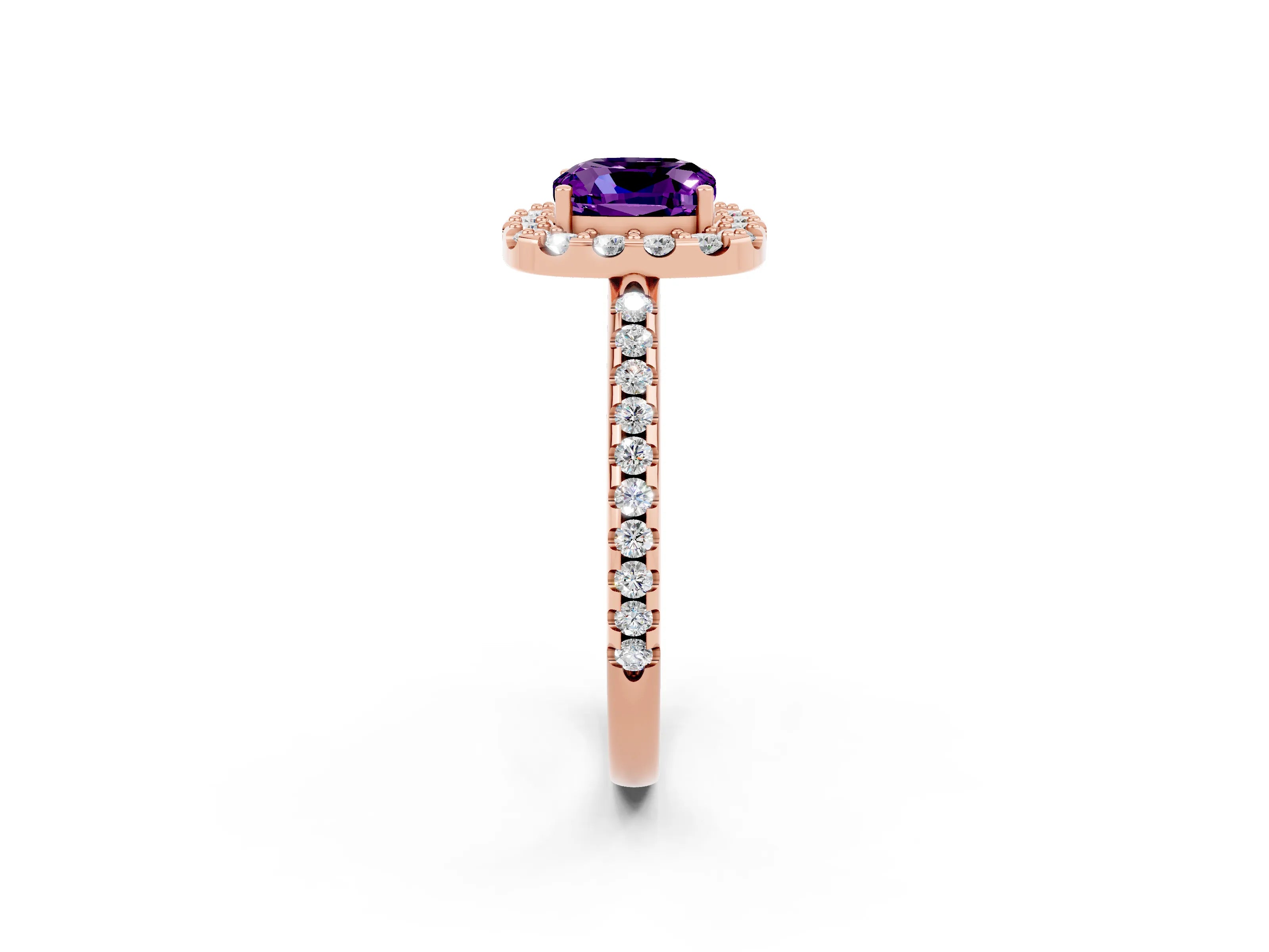Rose gold Cushion Cut Amethyst Pavé Halo Ring with Four-Prong Setting_14