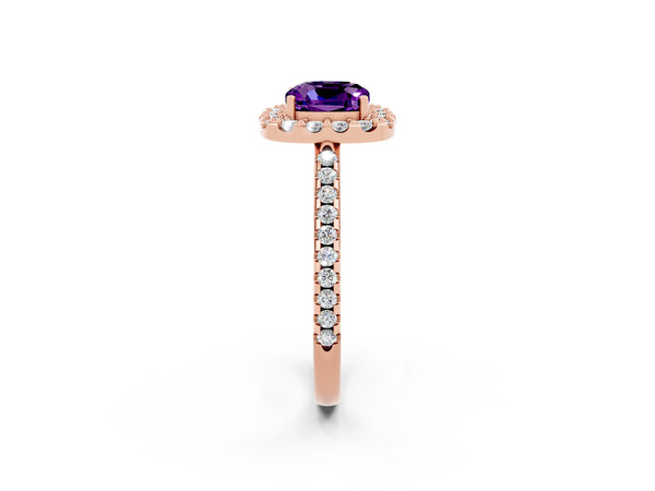 Rose gold Cushion Cut Amethyst Pavé Halo Ring with Four-Prong Setting