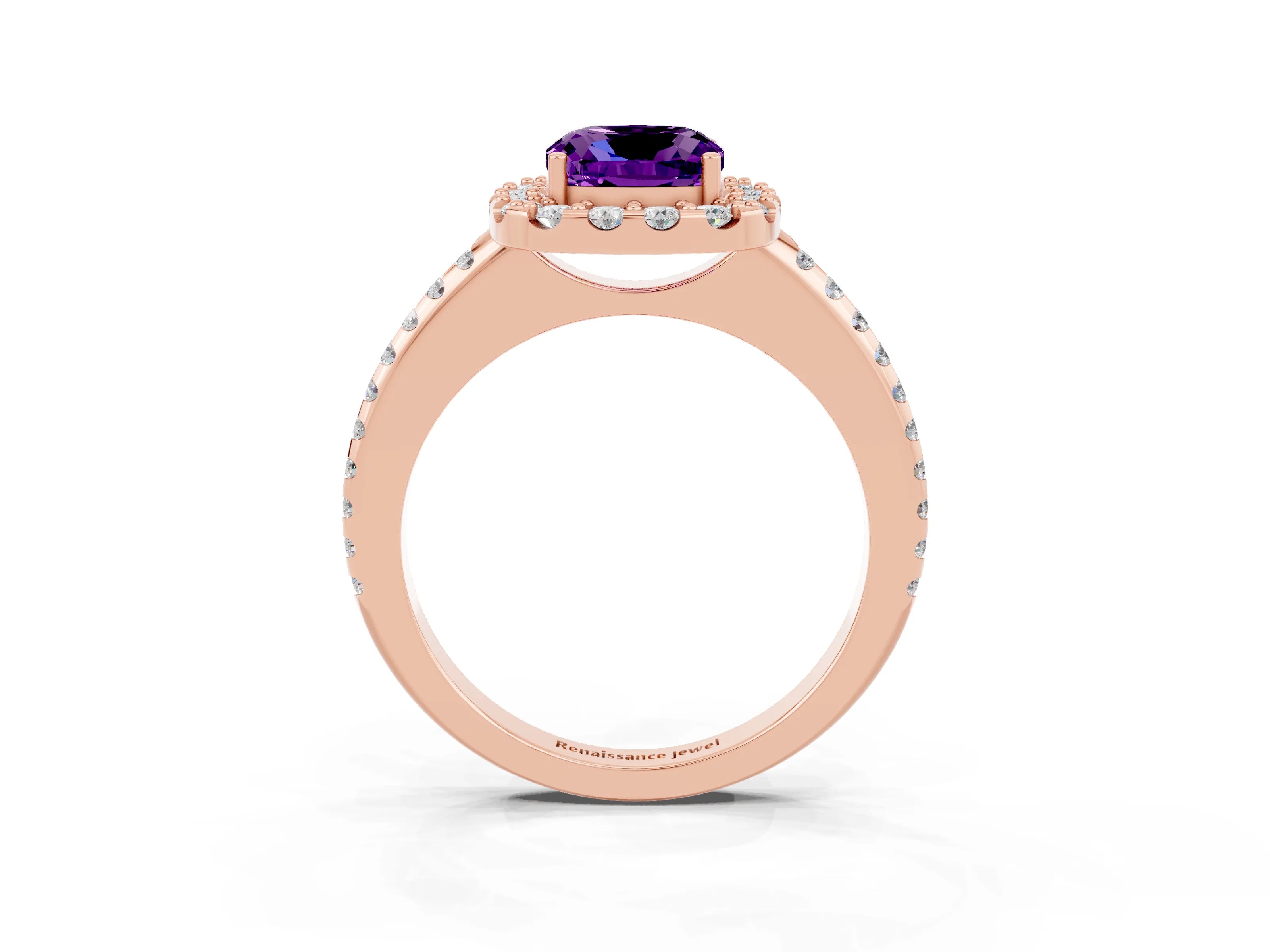 Rose gold Cushion Cut Amethyst Pavé Halo Ring with Four-Prong Setting_15