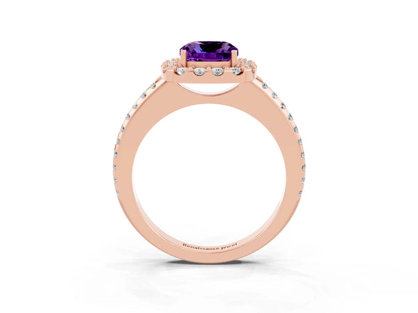 Rose gold Cushion Cut Amethyst Pavé Halo Ring with Four-Prong Setting