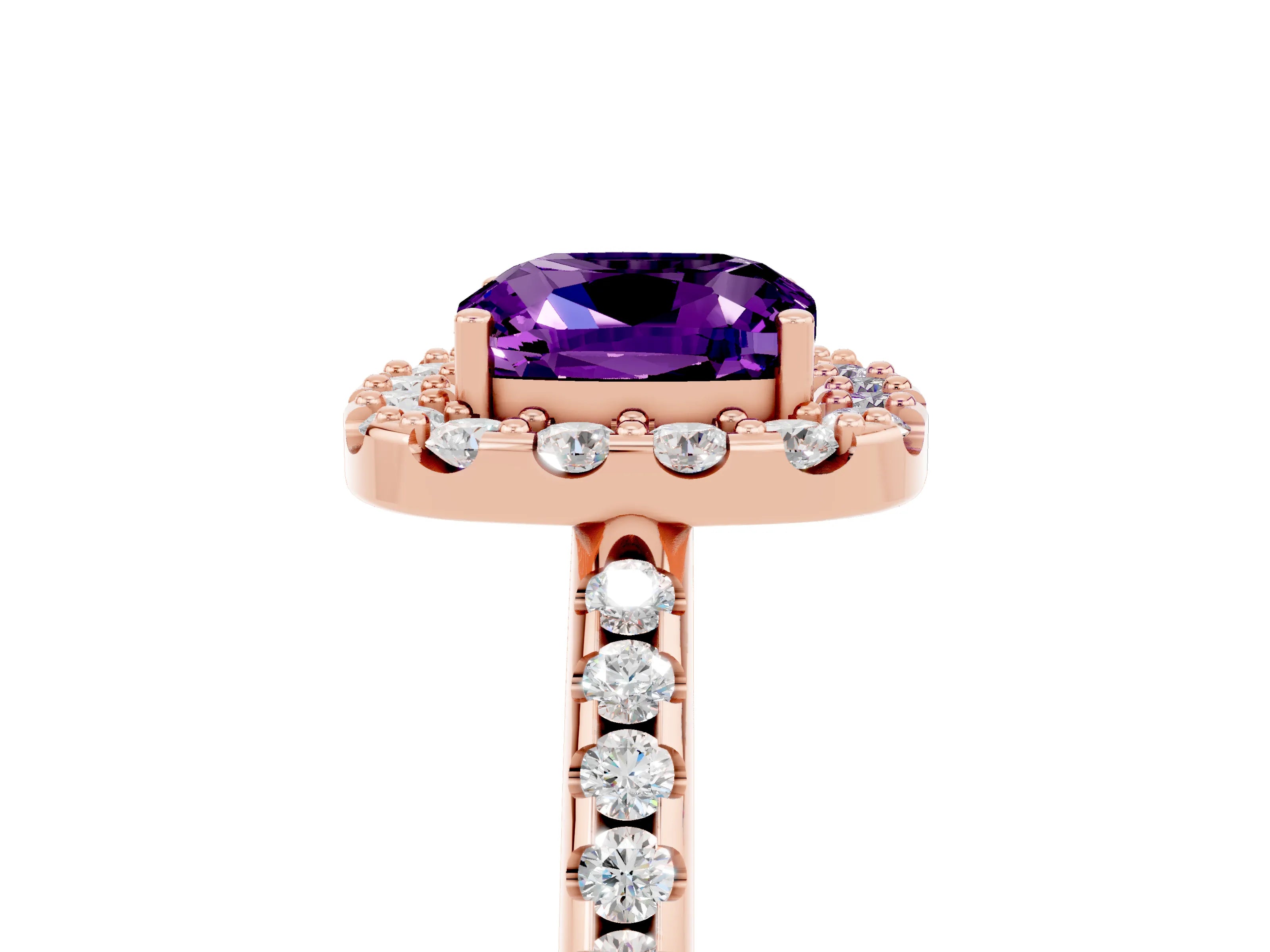 Rose gold Cushion Cut Amethyst Pavé Halo Ring with Four-Prong Setting_17