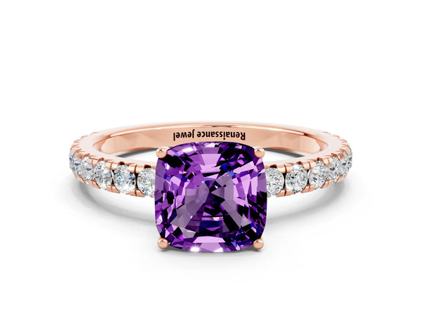 Rose gold Cushion Cut Amethyst Pavé Solitaire Engagement Ring with Four-Prong Setting