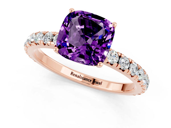 Rose gold Cushion Cut Amethyst Pavé Solitaire Engagement Ring with Four-Prong Setting
