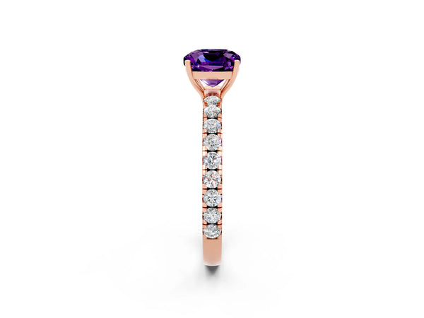 Rose gold Cushion Cut Amethyst Pavé Solitaire Engagement Ring with Four-Prong Setting