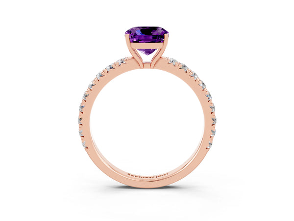 Rose gold Cushion Cut Amethyst Pavé Solitaire Engagement Ring with Four-Prong Setting