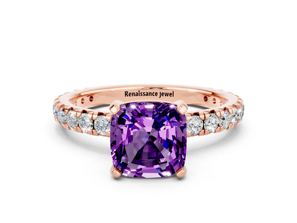 Rose gold Cushion Cut Amethyst Pavé Solitaire Ring with Round Band and Prong Setting