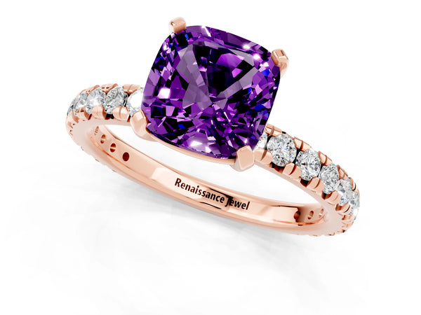 Rose gold Cushion Cut Amethyst Pavé Solitaire Ring with Round Band and Prong Setting