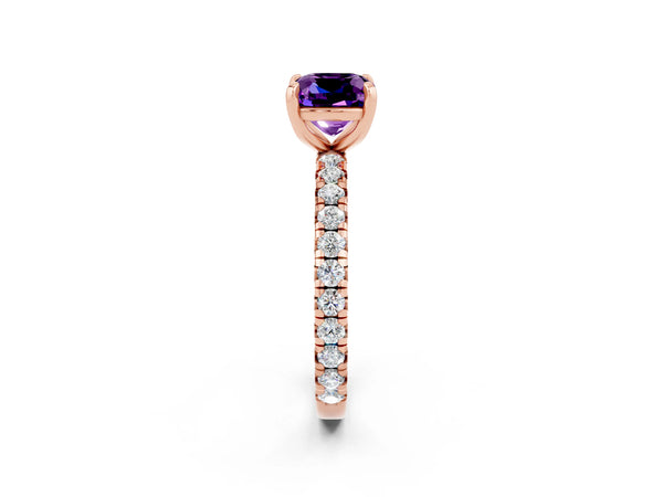 Rose gold Cushion Cut Amethyst Pavé Solitaire Ring with Round Band and Prong Setting