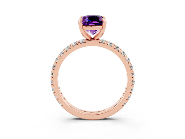Rose gold Cushion Cut Amethyst Pavé Solitaire Ring with Round Band and Prong Setting