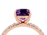 Rose gold Cushion Cut Amethyst Pavé Solitaire Ring with Round Band and Prong Setting_28